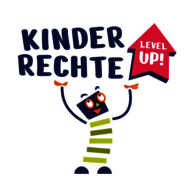 Das Maskottchen von Seitenstark, über dem Kinderrechte und Level Up steht.