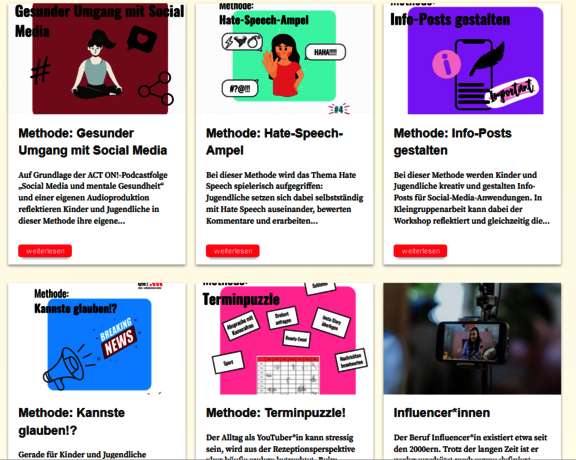 Vorschaubilder, die unterschiedliche Methoden aus dem ACT-ON!-Projekt zeigen.