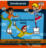 Drei comichafte Figuren, die unterschiedliche Medien wie Bücher, Spielekonsole und Videokamera in den Händen halten.