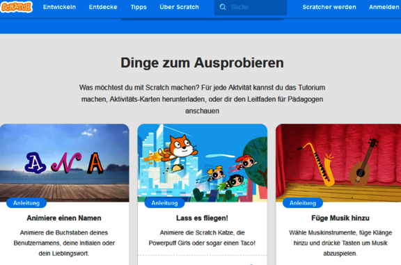 Screenshot der Webseite von Scratch mit Schriftzug: Dinge zum Ausprobieren