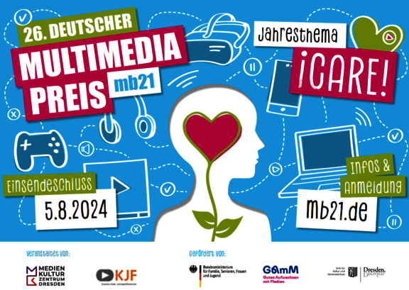 Eine Grafik mit einem Kopf, in dem ein Herz ist und der von digitalen Geräten umgeben ist.