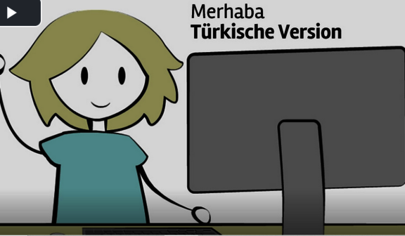 Eine animierte Figur, die an einem PC sitzt.