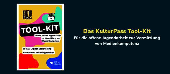 Bunte Titelseite des KulturPass Tool-Kits mit Text zu digitalem Storytelling und Medienkompetenz für offene Jugendarbeit.