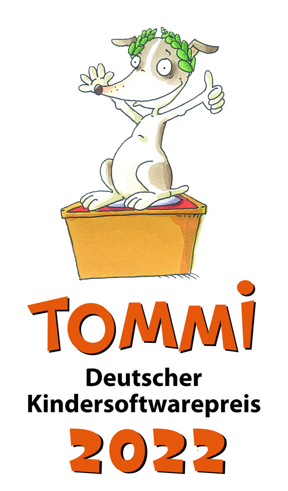 Ein Comichund, der auf einem Podest steht und den Daumen in die Höhe reckt sowie einen Lorbeerkranz trägt. 