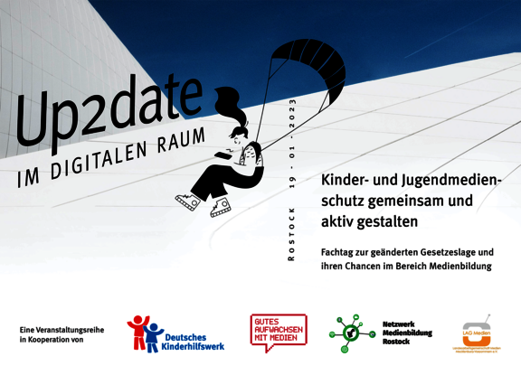Eine Grafik von einer Person, die an einem Fallschirm hängt und ein Tablet in den Händen hält. 