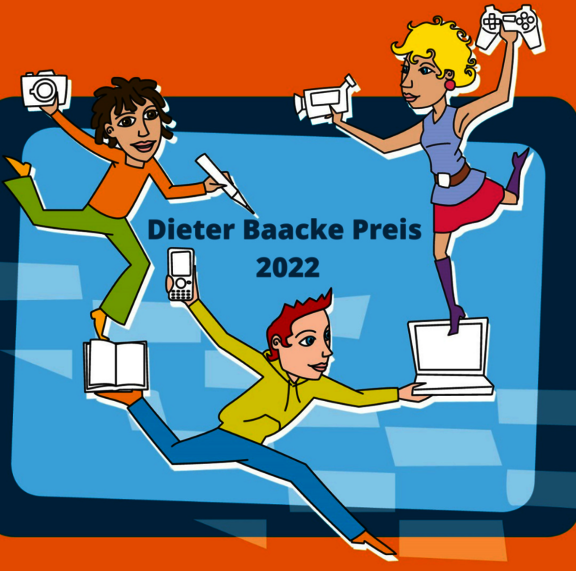 Drei comiartige Menschen, die verschiedene Medien wie Handy, Kamera, Laptop und Buch in den Händen halten.