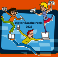 Drei comiartige Menschen, die verschiedene Medien wie Handy, Kamera, Laptop und Buch in den Händen halten.
