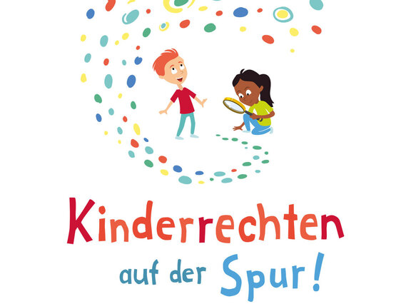 Zwei Comicfiguren, unter denen "Kinderrechten auf der Spur" steht.