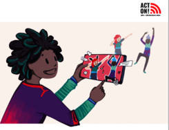 Eine Comicfigur, die ein Smartphone in der Hand hält, auf das sie zeigt.