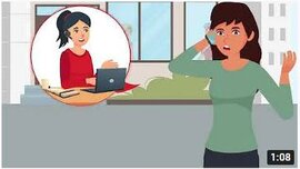 Eine Comicfigur, die ein Telefon am Ohr hat und spricht und eine andere Comicfigur, die an einem Computer mit Headset sitzt.