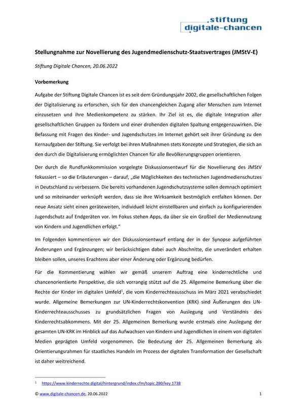 Ansicht: Stellungnahme zur Novellierung des Jugendmedienschutz-Staatsvertrages (JMStV-E) 