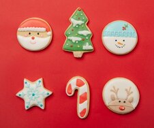 Plätzchen, auf denen ein Weihnachtsmanngesicht, ein Gesicht eines Schneemannes, ein Gesicht eines Rentiers abgebildet sind. Zudem gibt es noch ein Plätzchen in Form eines Sterns und in Form eines Hakens.