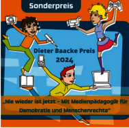 Drei comicartige Personen, die verschiedene Medien wie Filmkamera, Fotoapparat, Buch und Laptop in den Händen halten.