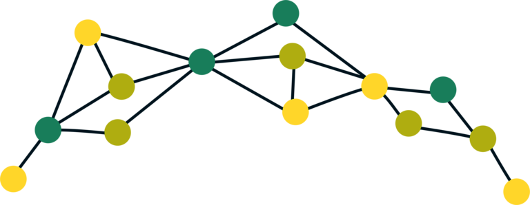 Ein Netzwerk aus bunten Punkten, die mit Linien verbunden sind und ein Dach formen