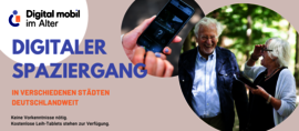 SharePic: Eingebettet ist ein Foto von einer Seniorin und einem Senior, die sich draußen befinden und lachen. Die Frau hält ein Mobiltelefon in der Hand.