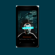 Das Titelbild des Spiels Im Bunker der Lügen von klicksafe.de: Es ist ein Smartphone abgebildet, auf dem eine Person zu sehen ist, dessen Augen mit einem Lichtstrahl verdeckt sind.