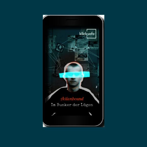 Das Titelbild des Spiels Im Bunker der Lügen von klicksafe.de: Es ist ein Smartphone abgebildet, auf dem eine Person zu sehen ist, dessen Augen mit einem Lichtstrahl verdeckt sind.
