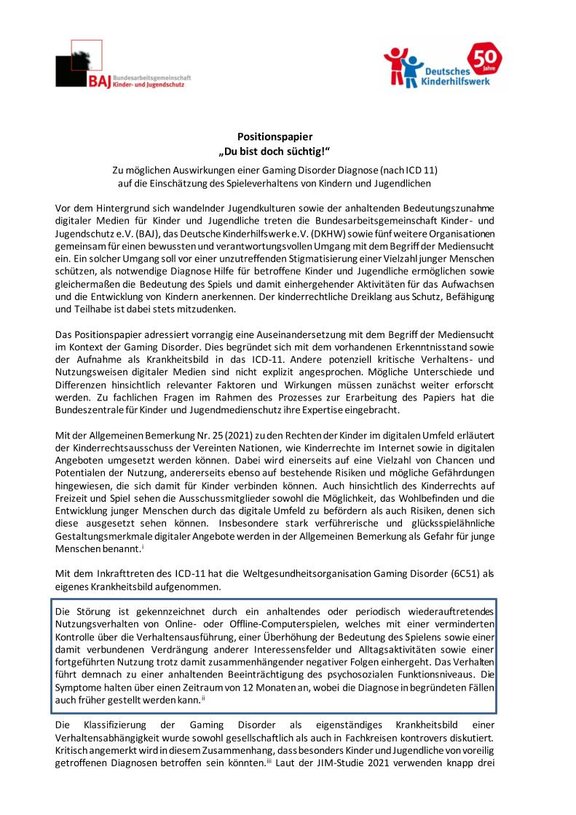 Ansicht: Positionspapier „Du bist doch süchtig!“ Zu möglichen Auswirkungen einer Gaming Disorder Diagnose (nach ICD 11) auf die Einschätzung des Spieleverhaltens von Kindern und Jugendlichen