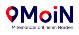 Links befindet sich Standortpin als Bildmarke, rechts daneben der Schriftzug MoiN. Darunter steht Miteinander online im Norden.