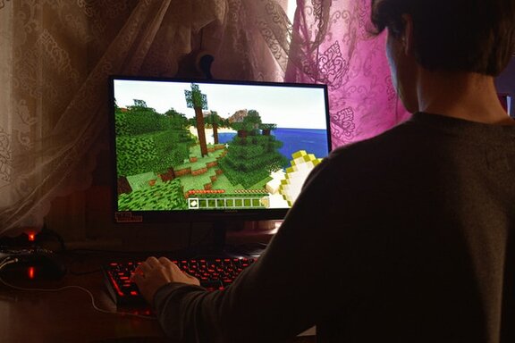 Eine Person, die vor einem PC sitzt und ein Spiel spielt.
