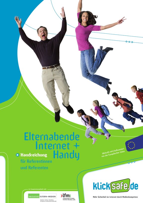 Ansicht der Broschüre Elternabende Internet und Handy - Eine Familie hüpft  
