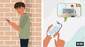 Eine Comicfigur, die ein Smartphone in den Händen hält.