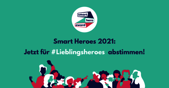 Eine Illustration von einer Gruppe von Menschen, die alle digitale Geräte in der Hand halten. Darüber steht der Text "Smart Heroes 2021 - Jetzt für deine #Lieblingsheroes abstimmen!"  
