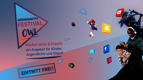 Webeflyer des Medienaktiv Festivals mit Symbolen aus der Medienwelt  