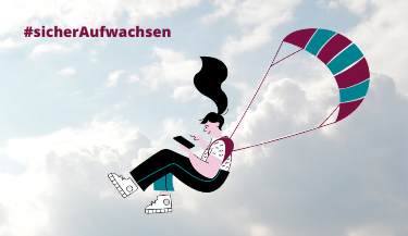 Mädchen hält Smartphone in der Hand und sinkt mit Fallschirm zu Boden.