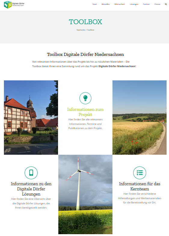 Screenshot der Webseite Digitale Dörfer, Zusehen ist der Abschnitt Toolbox, wo Informationen Verlinkt sind