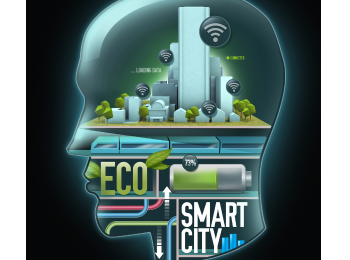 Ein gläsener Kopf, in dem eine smarte Stadt zu sehen ist.