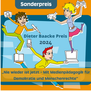 Drei comicartige Personen, die verschiedene Medien wie Filmkamera, Fotoapparat, Buch und Laptop in den Händen halten.