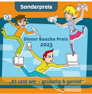 Drei comichafte Figuren, die unterschiedliche Medien wie Bücher, Spielekonsole und Videokamera in den Händen halten.