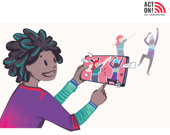 Eine Comicfigur, die ein Smartphone in der Hand hält, auf das sie zeigt.
