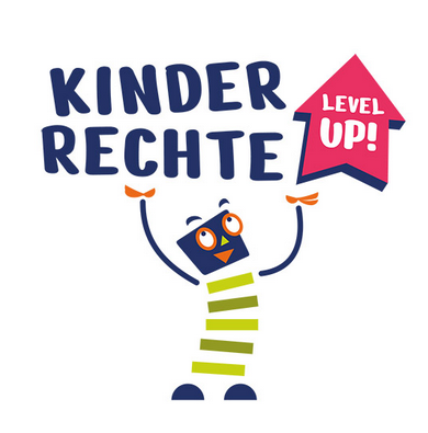 Das Maskottchen von Seitenstark, über dem Kinderrechte und Level Up steht.